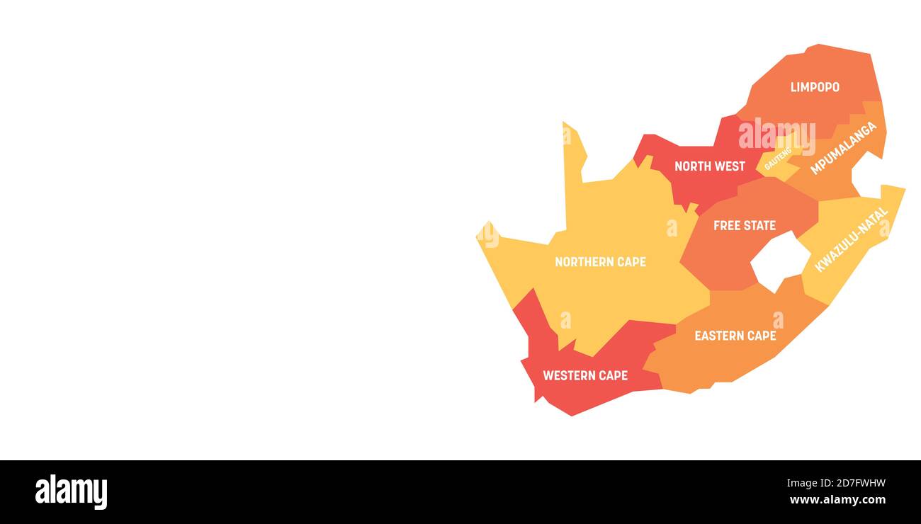 Orange political map of South Africe, RSA. Administrative divisions - provinces. Simple flat vector map with labels. Stock Vector