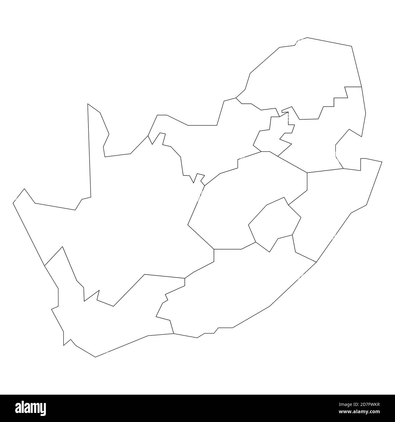 Blank political map of South Africe, RSA. Administrative divisions - provinces. Simple black outline vector map. Stock Vector