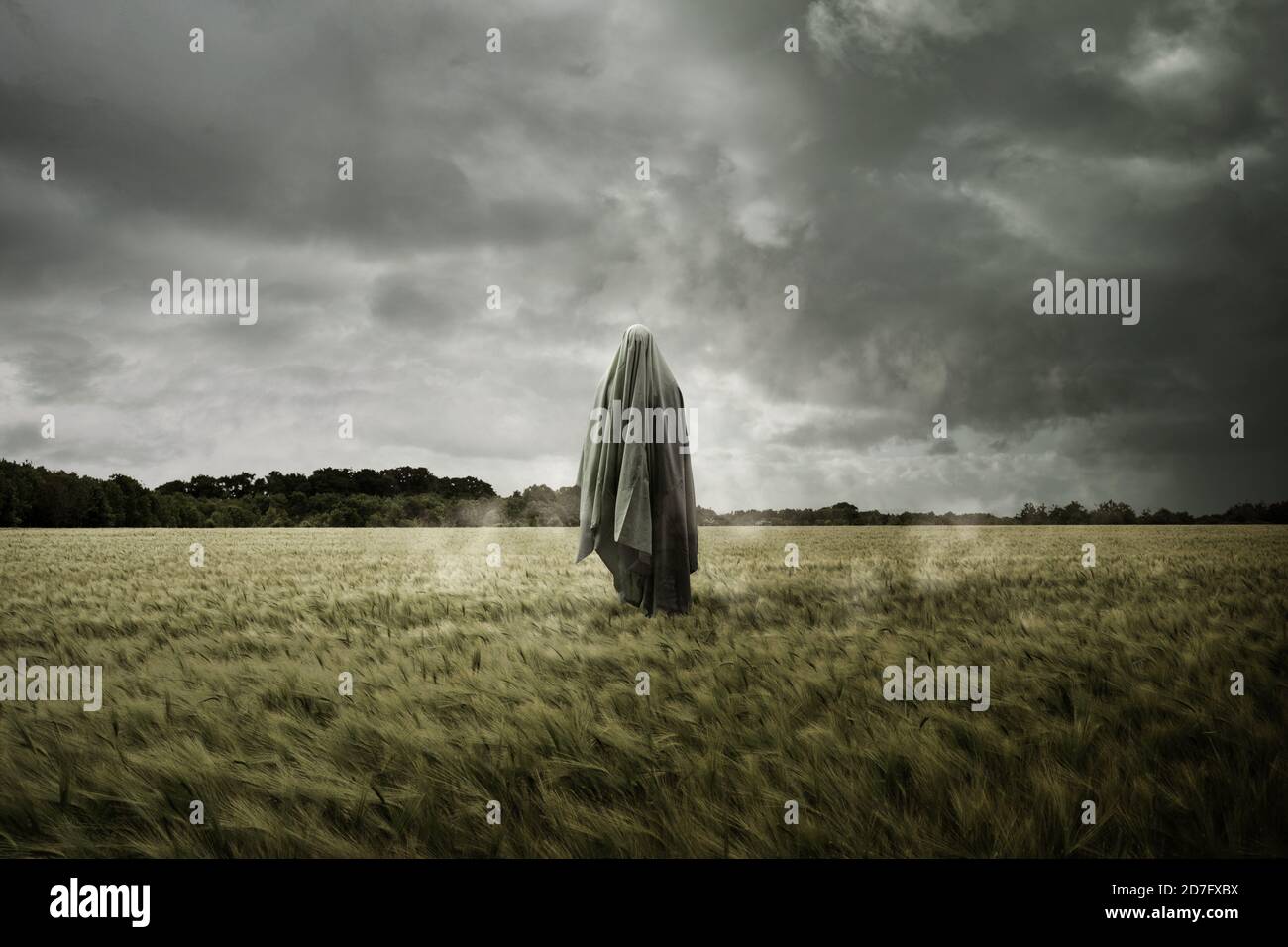 Haunted and bleak landscape with a floating spirit ghost, Disturbing concept. Stock Photo