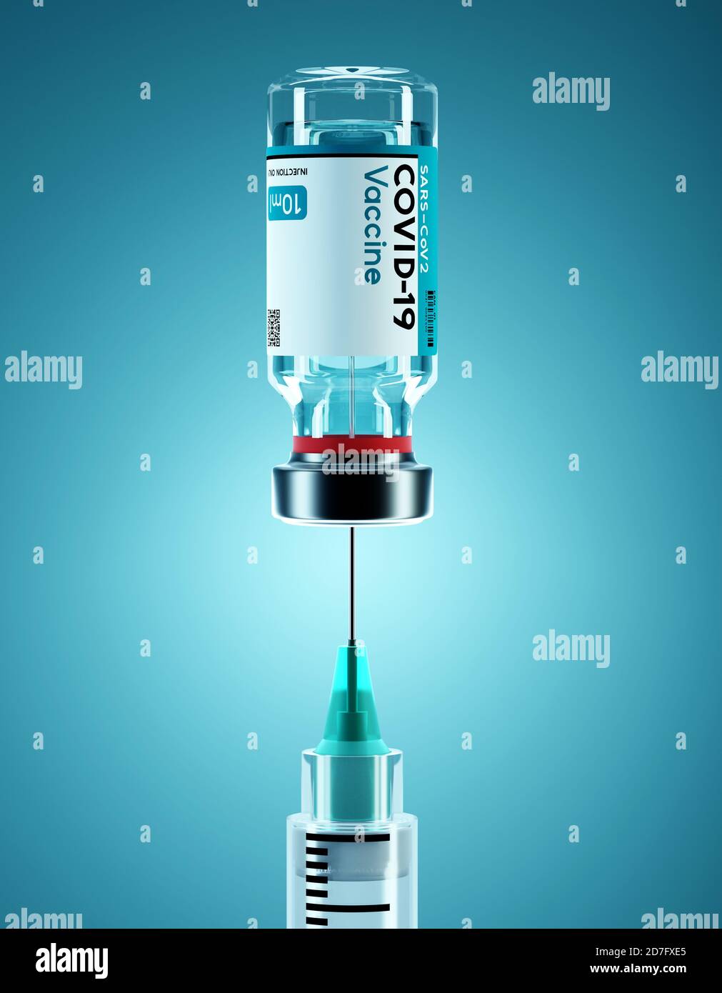 SARS - CoV2 Vaccine concept. A medical needle entering into a glass vial of COVID-19 Vaccine. Medical research 3D illustration. Stock Photo