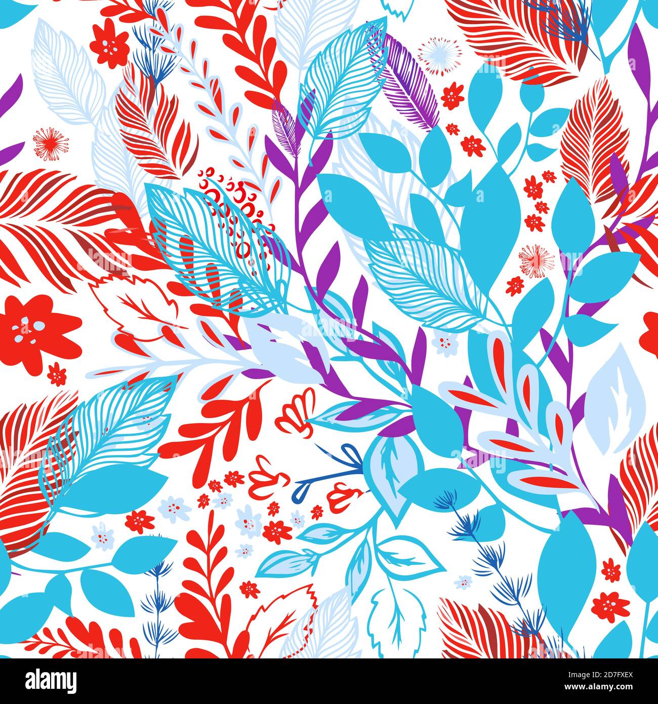 A seamless background with red and blue flowers and leaves. Vector ...