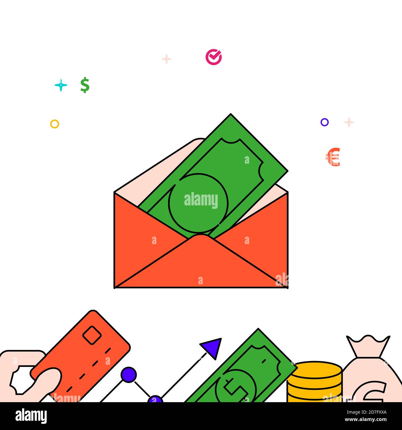 Money in an envelope, black cash filled line icon, simple illustration