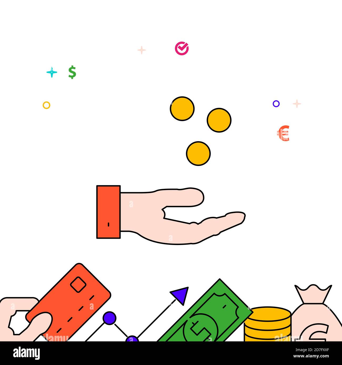 Hand catches coins, salary filled line icon, simple illustration Stock Vector