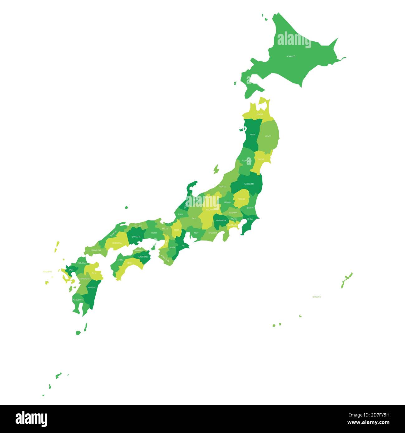 Green political map of Japan. Administrative divisions - prefectures. Simple flat vector map with labels. Stock Vector