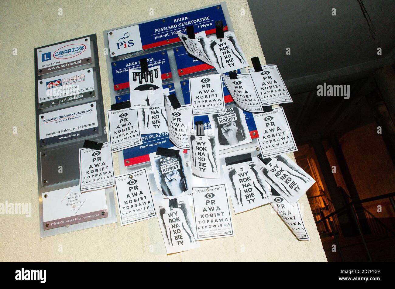 Stick banners at the PiS office (Law and Justice party) during women's protest.The Constitutional Tribunal examined the motion of a group of deputies regarding the so-called eugenic abortion. In the opinion of the Tribunal, such an abortion, performed in the event of suspicion of severe fetal defects, is inconsistent with the Constitution. Stock Photo