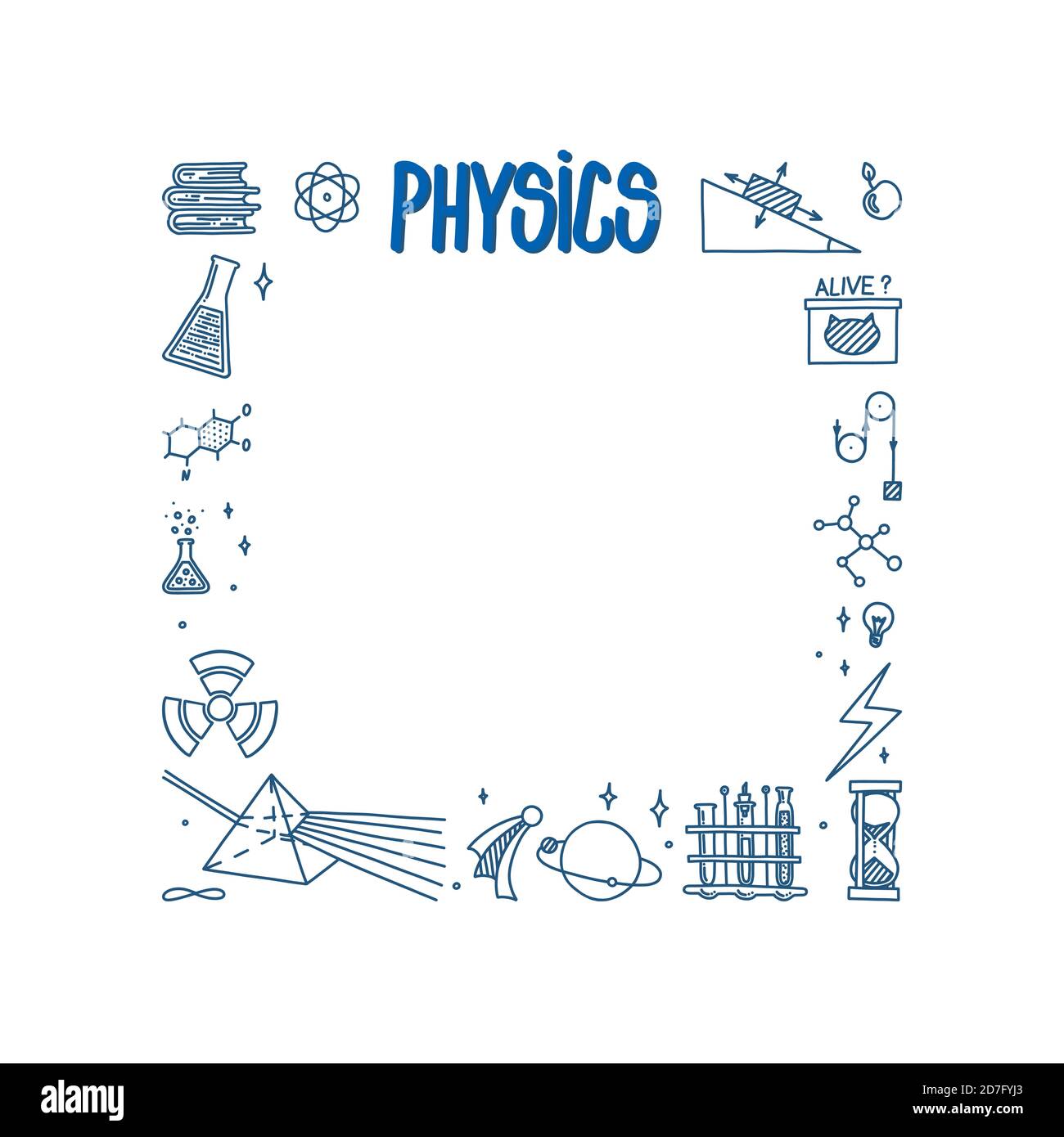 Physics doodle with light prism, books, atom. Square frame with hand