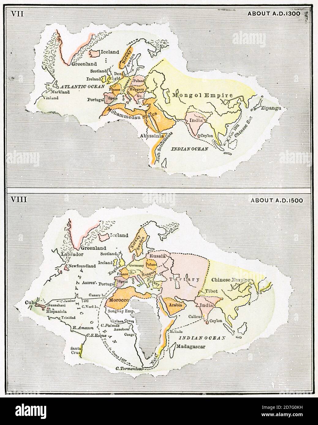 VII Map of Europe, Africa and Asia, about A.D. 1300, VIII Map of Europe, Africa and Asia, about A.D. 1350, Illustration, Ridpath's History of the World, Volume III, by John Clark Ridpath, LL. D., Merrill & Baker Publishers, New York, 1897 Stock Photo