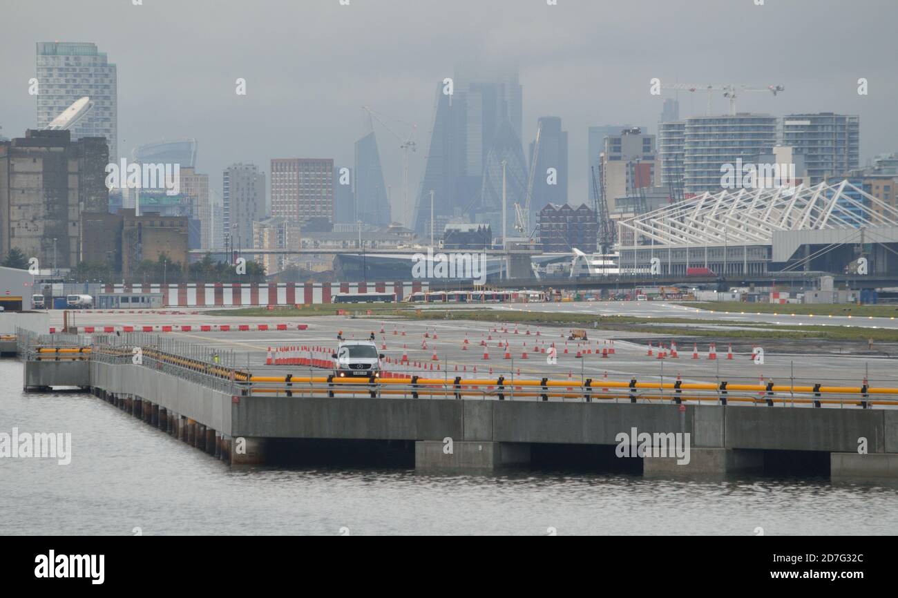 Construction work at London City Airport showing the nearly completed new parallel taxiway and aircraft stands Stock Photo