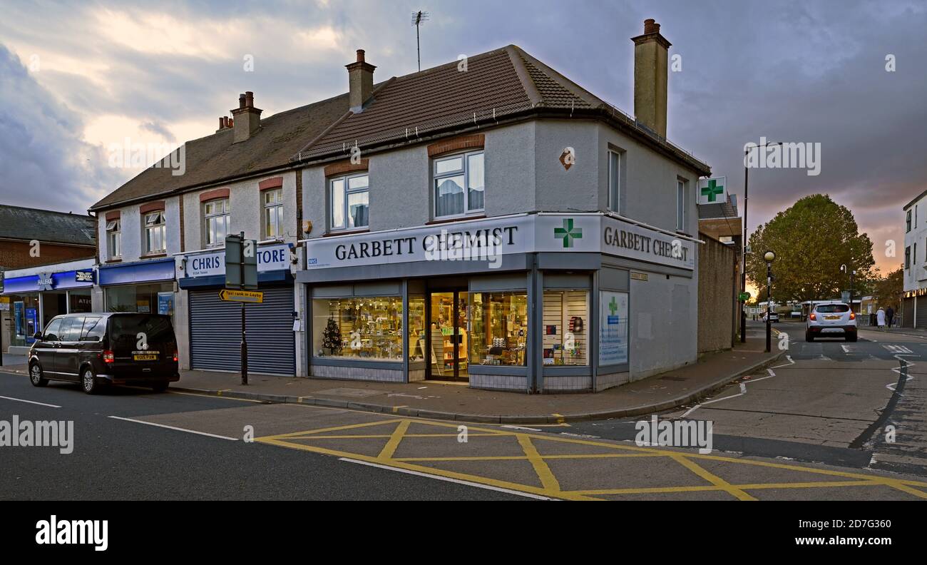 Garbett Chemist at the corner of Market Road and the High Street in Wickford, Essex. UK Stock Photo