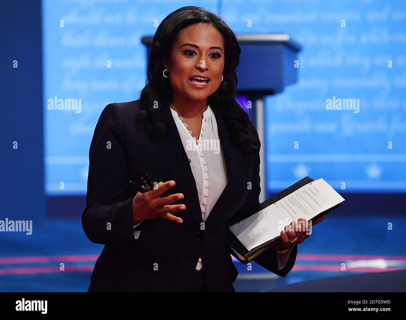 Nashville, United States. 22nd Oct, 2020. Moderator Kristen Welker of NBC News speaks before the start of the the final presidential debate between Republican presidential candidate President Donald Trump and Democratic presidential candidate former Vice President Joe Biden, on the campus of Belmont University, in Nashville, Tennessee on Thursday, October 22, 2020. Photo by Kevin Dietsch/UPI Credit: UPI/Alamy Live News Stock Photo