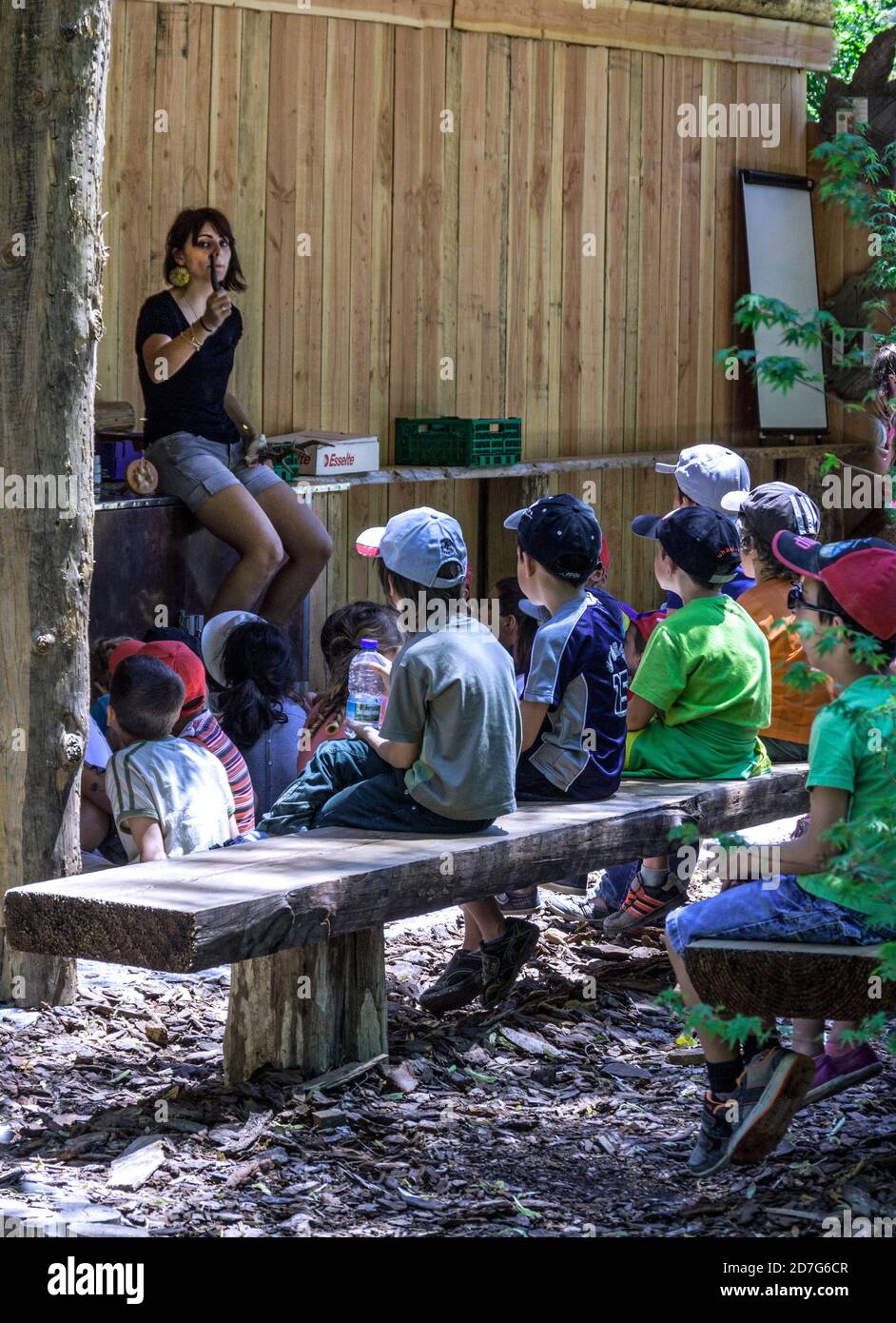 Children having a natural history lesson at the zoo at  Argeles-Gazost. South-west France. Stock Photo