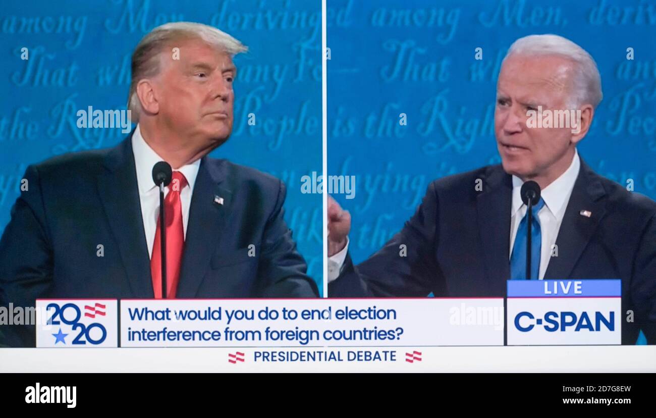 Nasville, Tennessee, USA. 22nd Oct, 2020. Screen grab from the C-SPAN coverage of the second and final presidential debate, moderated by NBCs' Kristen Welker, between President DONALD TRUMP and former Vice President JOE BIDEN. Credit: C-Span/ZUMA Wire/Alamy Live News Stock Photo