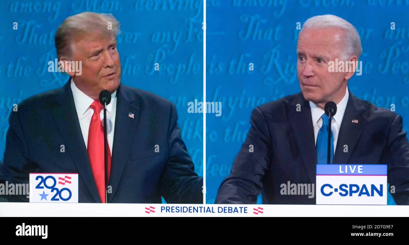 Nasville, Tennessee, USA. 22nd Oct, 2020. Screen grab from the C-SPAN coverage of the second and final presidential debate, moderated by NBCs' Kristen Welker, between President DONALD TRUMP and former Vice President JOE BIDEN. Credit: C-Span/ZUMA Wire/Alamy Live News Stock Photo