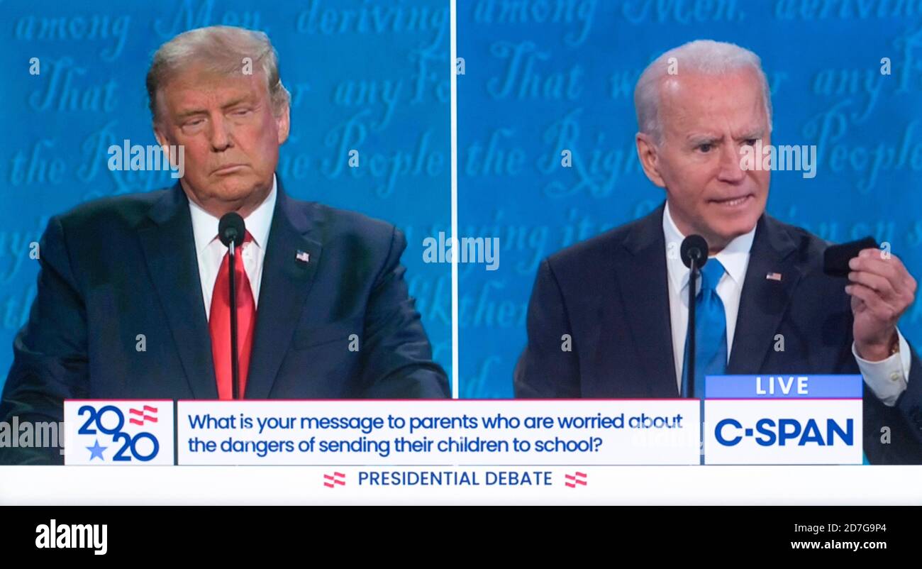 Nasville, Tennessee, USA. 22nd Oct, 2020. Screen grab from the C-SPAN coverage of the second and final presidential debate, moderated by NBCs' Kristen Welker, between President DONALD TRUMP and former Vice President JOE BIDEN. Credit: C-Span/ZUMA Wire/Alamy Live News Stock Photo