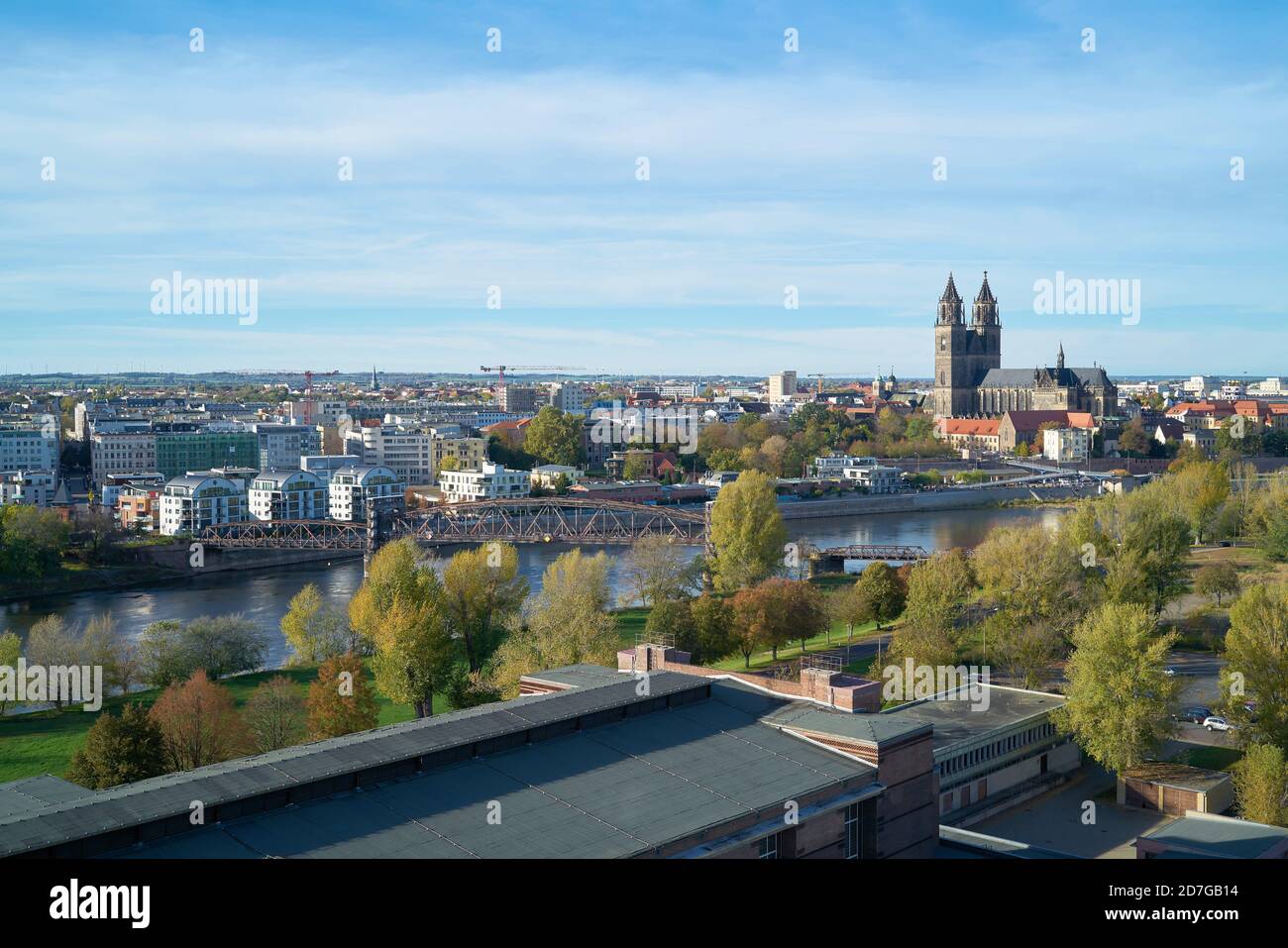 View of the city of Magdeburg on the Elbe cycle path with the river Elbe and Magdeburg Cathedral Stock Photo