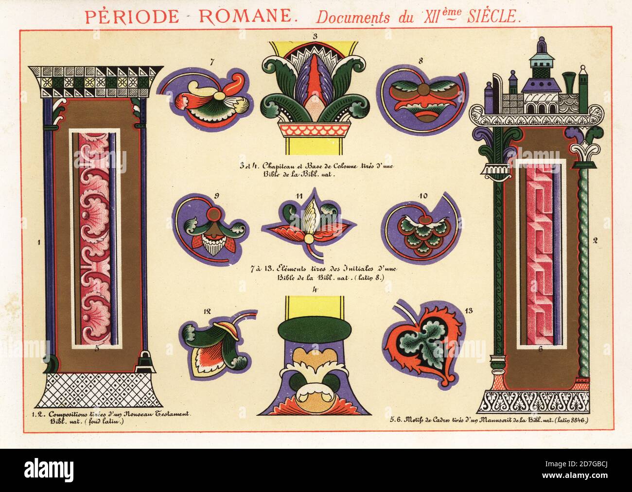 Initials, design elements and capitals from documents of the Roman period, 12th century. Taken from a New Testament, the Great Canterbury Psalter,  Bible, etc.  Periode Romane. Documents du XIIeme Siecle. 1,2 compositions tirees d’un Nouveau Testament Bib. Nat. (Latin), 3,4 chapiteau et base de colonne Bible Bib. Nat.,5,6 motifs de cadres manuscrit Latin 8846, Psautier de Canterbury, 7-13 Initiales d’une Bible Latin 8. Chromolithograph designed and lithographed by Ernst Guillot from Elements d’Ornementation pour l’Enluminure (Elements of Ornamentation for Illumination), Renouard, Paris, 1890. Stock Photo