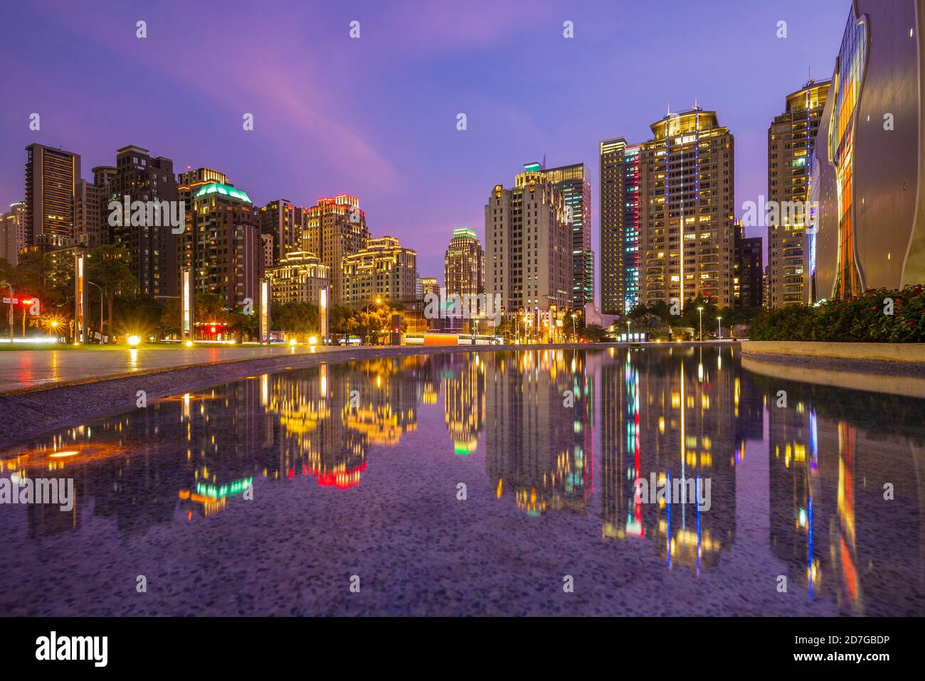 reflection of taichung skyline in taiwan at night Stock Photo