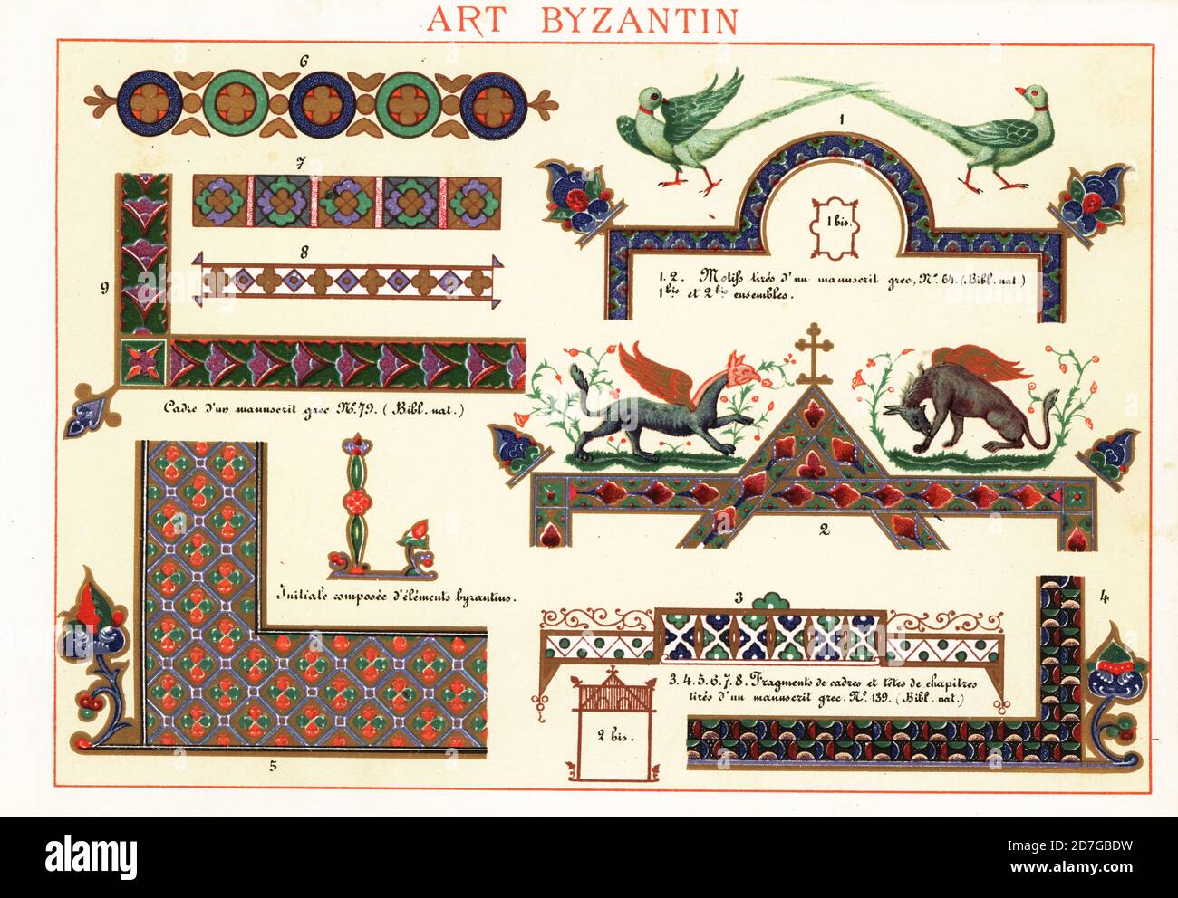 Initials, frames, motifs and chimera from Byzantine art, 10th century..  Taken from the illuminated Psalter of Paris, Constantinope, and an  illuminated manuscript by Eusebius of Caesarea. 1,2 manuscrit grec 64  Eusebius Cæsariensis,