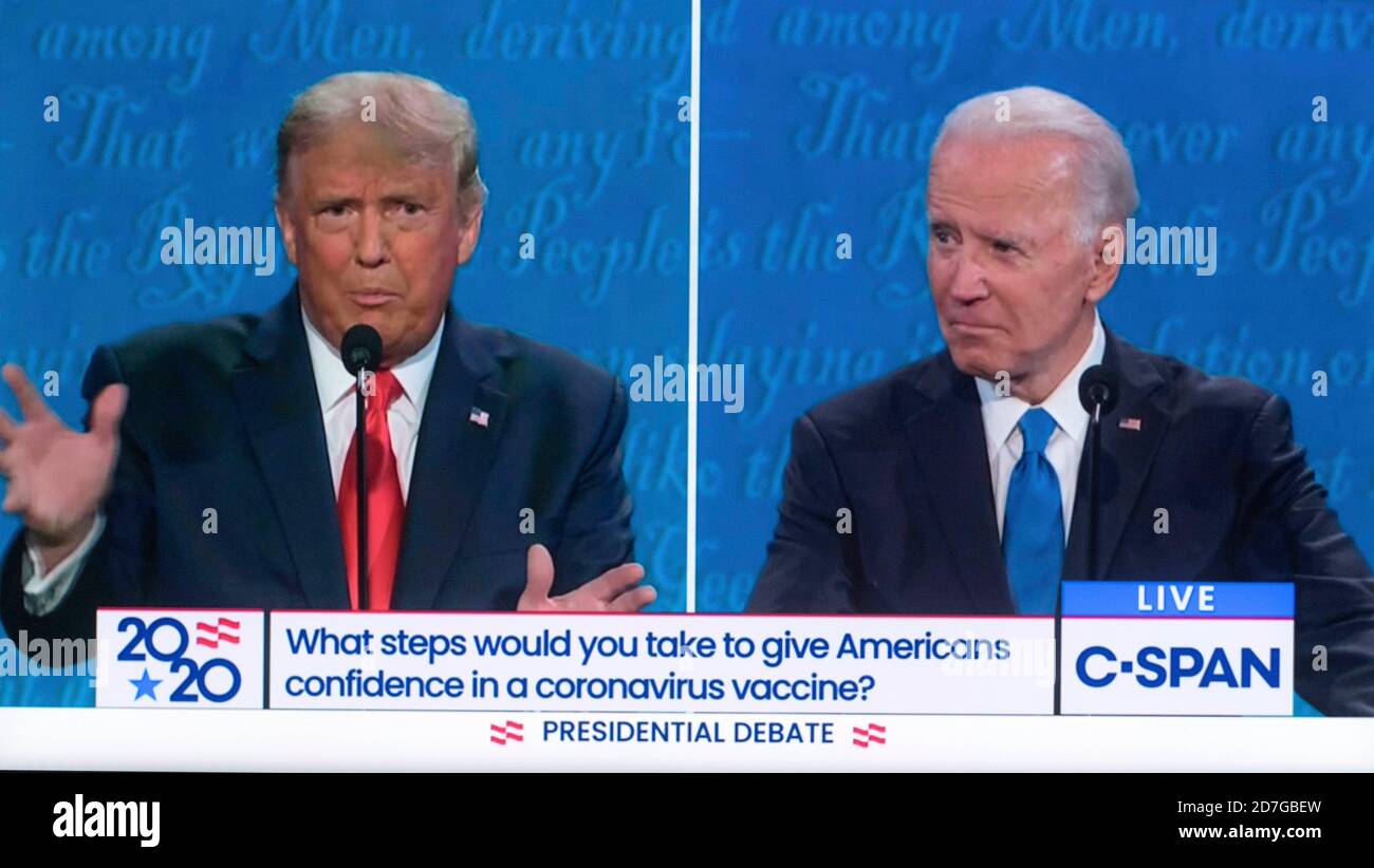 Nasville, Tennessee, USA. 22nd Oct, 2020. Screen grab from the C-SPAN coverage of the second and final presidential debate, moderated by NBCs' Kristen Welker, between President DONALD TRUMP and former Vice President JOE BIDEN. Credit: C-Span/ZUMA Wire/Alamy Live News Stock Photo