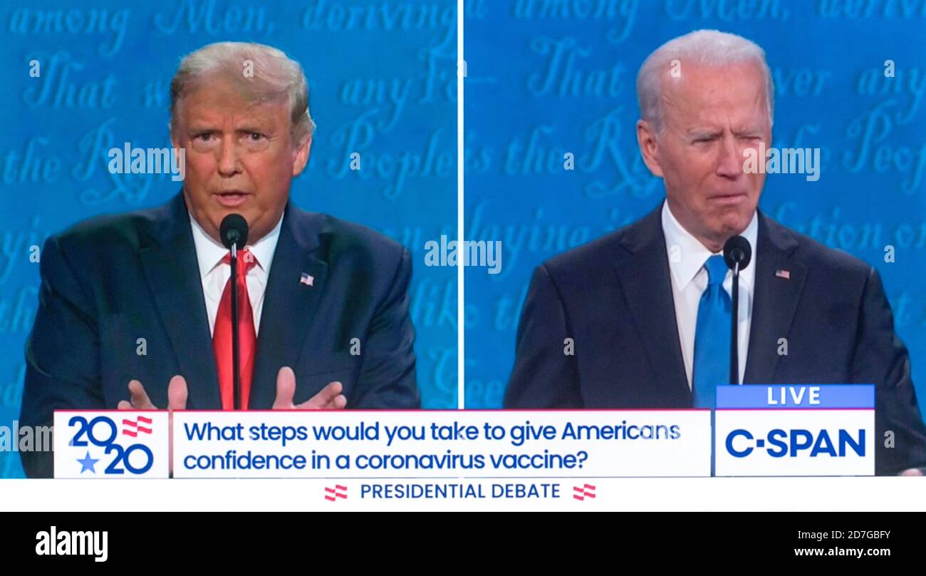 Nasville, Tennessee, USA. 22nd Oct, 2020. Screen grab from the C-SPAN coverage of the second and final presidential debate, moderated by NBCs' Kristen Welker, between President DONALD TRUMP and former Vice President JOE BIDEN. Credit: C-Span/ZUMA Wire/Alamy Live News Stock Photo