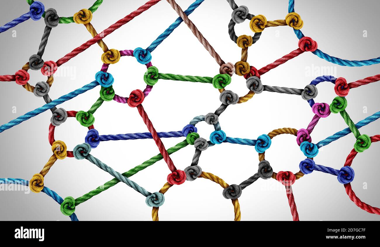 Connection network concept and connected diversity as circle shaped group of ropes creating a connected networking horizontal composition. Stock Photo