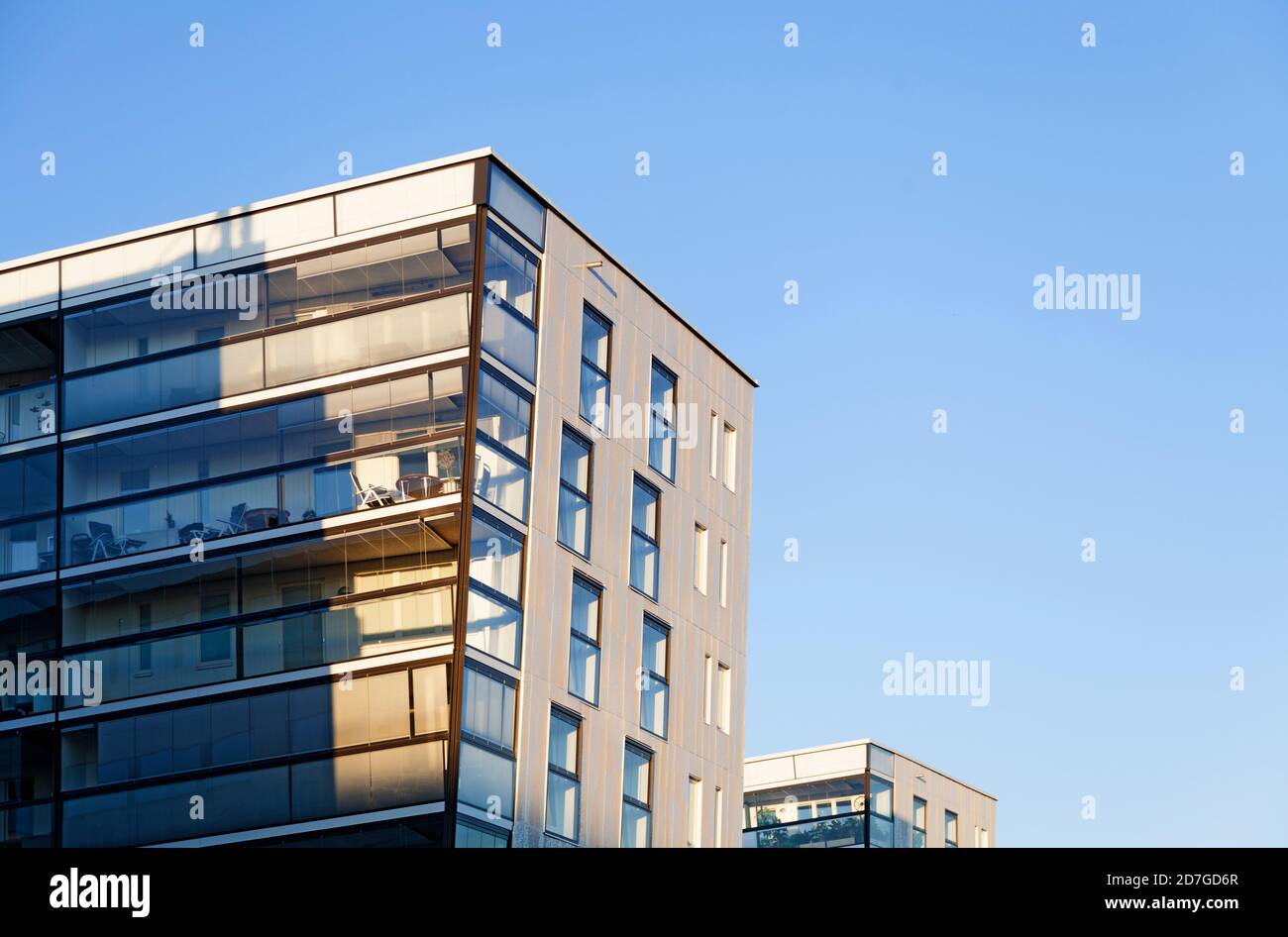 Uppsala, Sweden - June 21, 2019: modern house leaning out onto the street Stock Photo