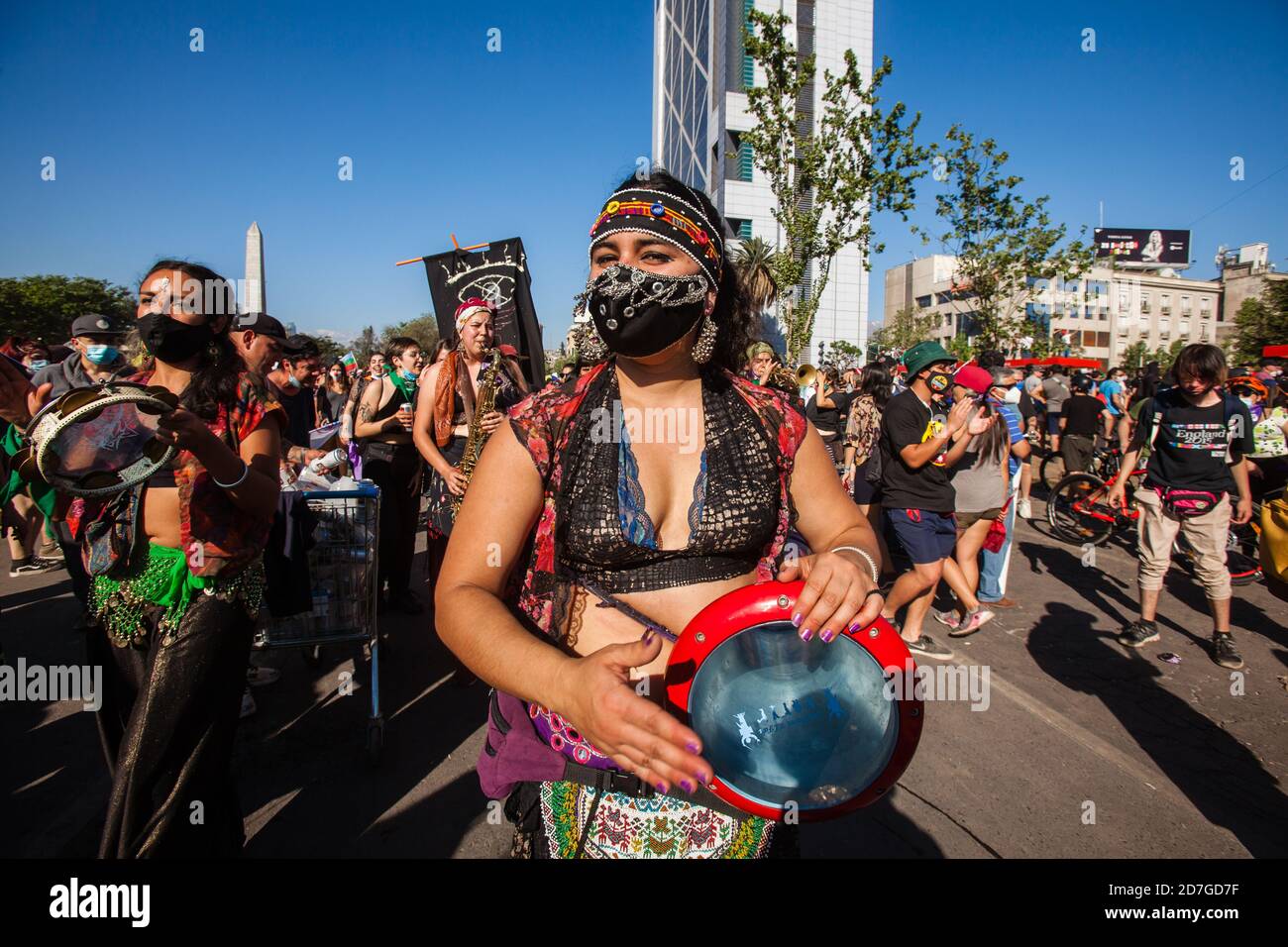 SANTIAGO, CHILE-OCTOBER 18, 2020 - A group of women make a performance during a protest at Plaza Italia in Santiago, Chile Stock Photo