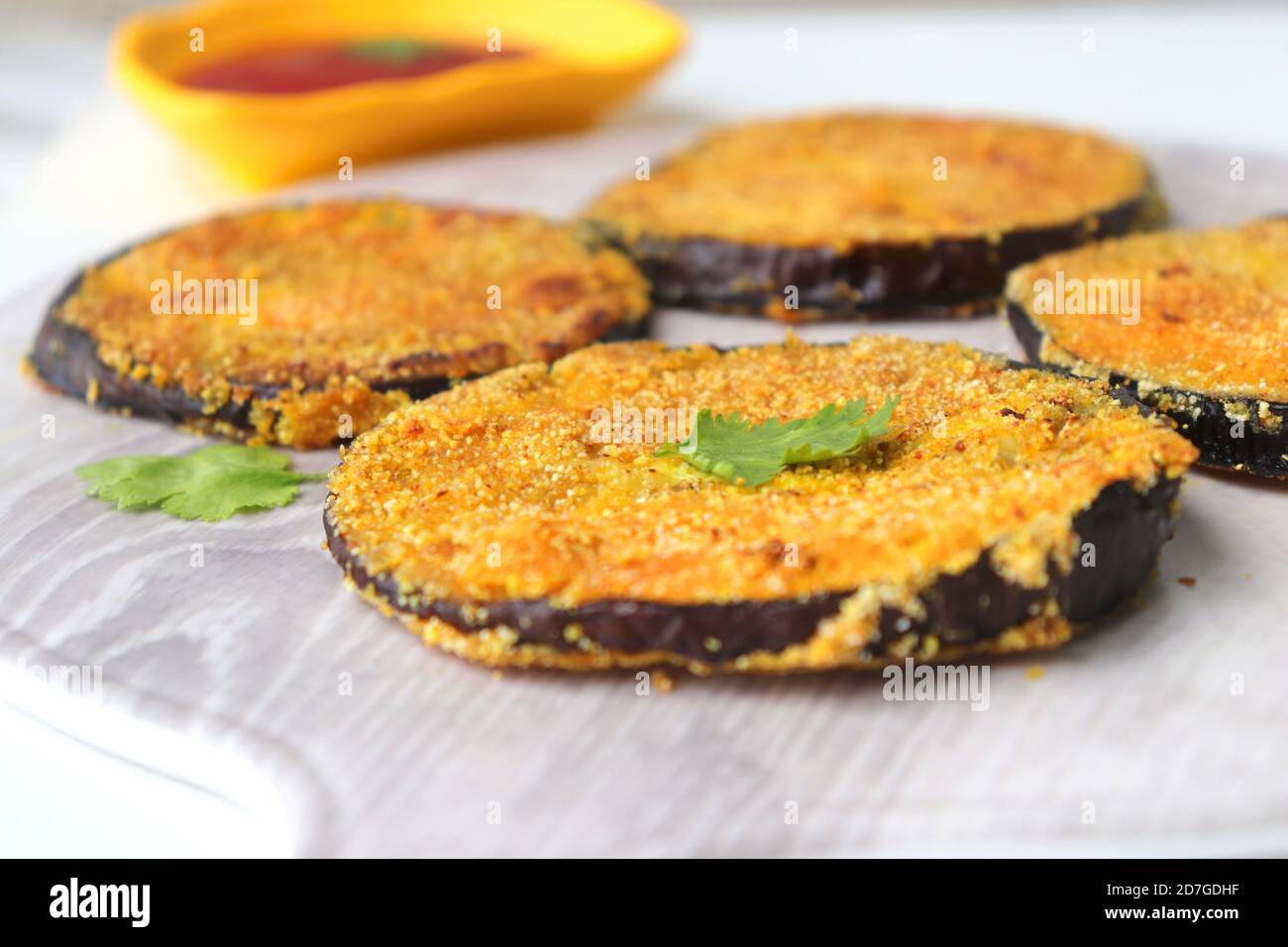 Indian side dish or appetizer Vangyache Kaap, fried Eggplants, Crispy