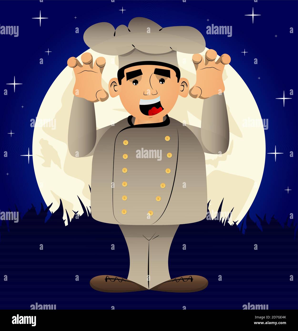 Fat male cartoon chef in uniform is trying to scare you. Vector illustration. Stock Vector