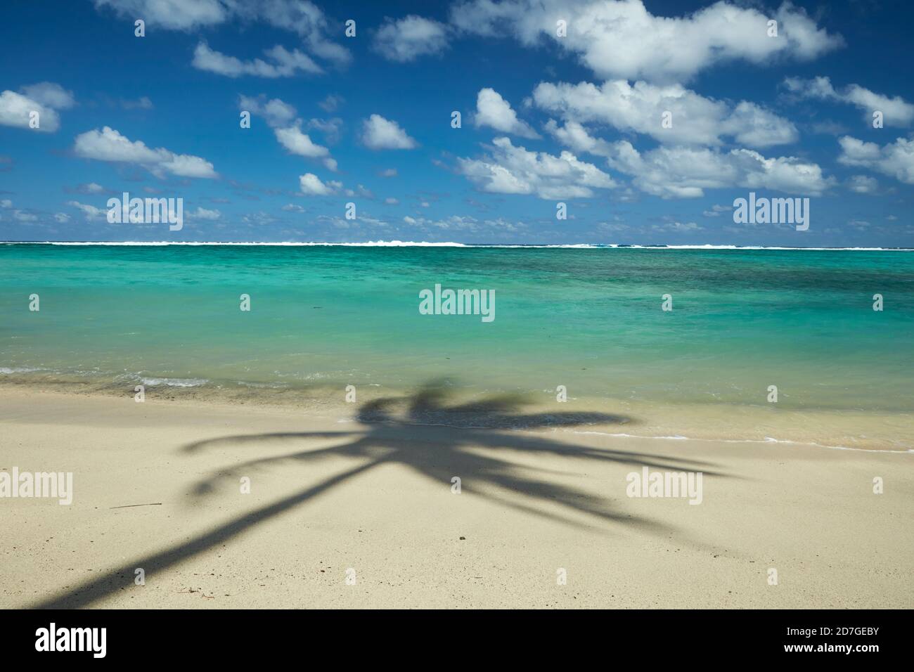 Coconut palm shadow on beach and Pacific Ocean, Rarotonga, Cook Islands, South Pacific Stock Photo