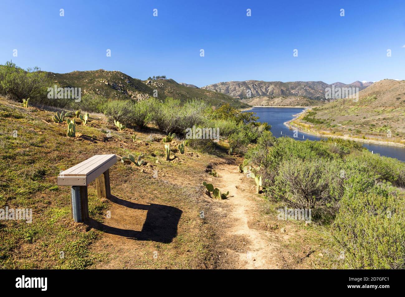 Scenic Aerial Landscape View Lake Hodges Bernardo Mountain Wooden Bench. San Dieguito River Park
