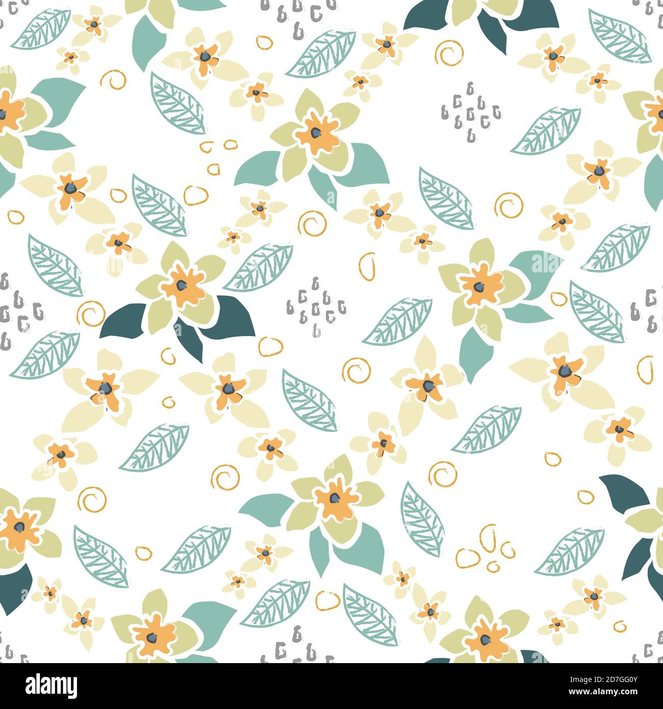 Seamless Pattern With Elegant flowers. Pastel Coloring. Scandinavian Hand Drawn Style. vector Illustration Stock Vector