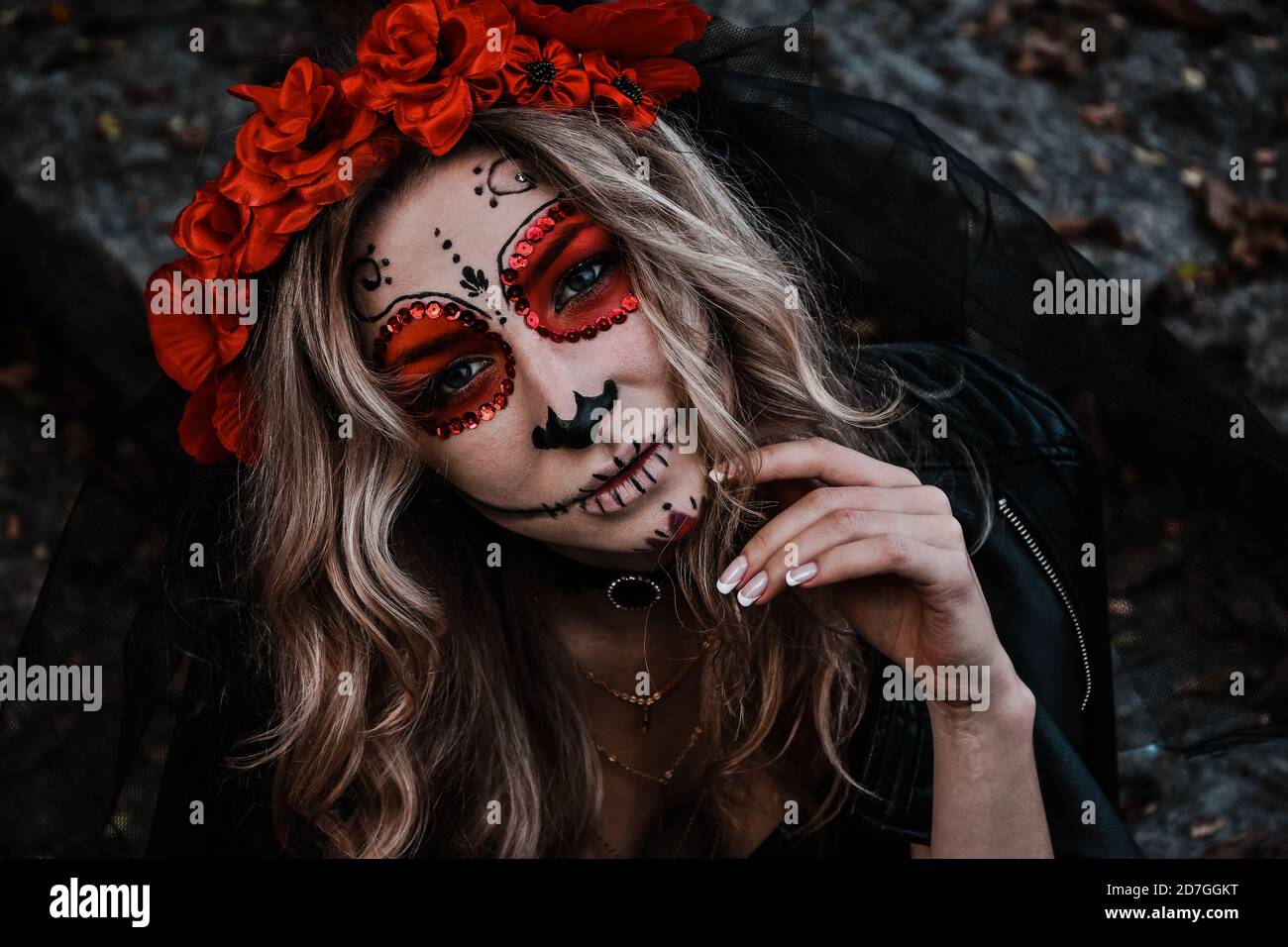Closeup portrait of Calavera Catrina. Young woman with sugar skull makeup.  Dia de los muertos. Day of The Dead. Halloween Stock Photo - Alamy