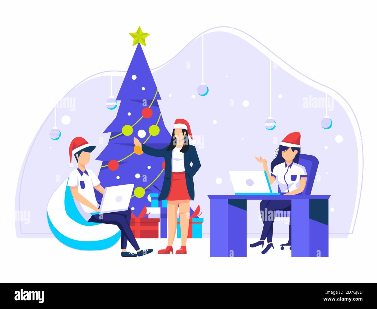 Team work is preparing for the new year, company in the office at work. Flat style vector illustration for web pages, social media, documents, cards. Stock Vector