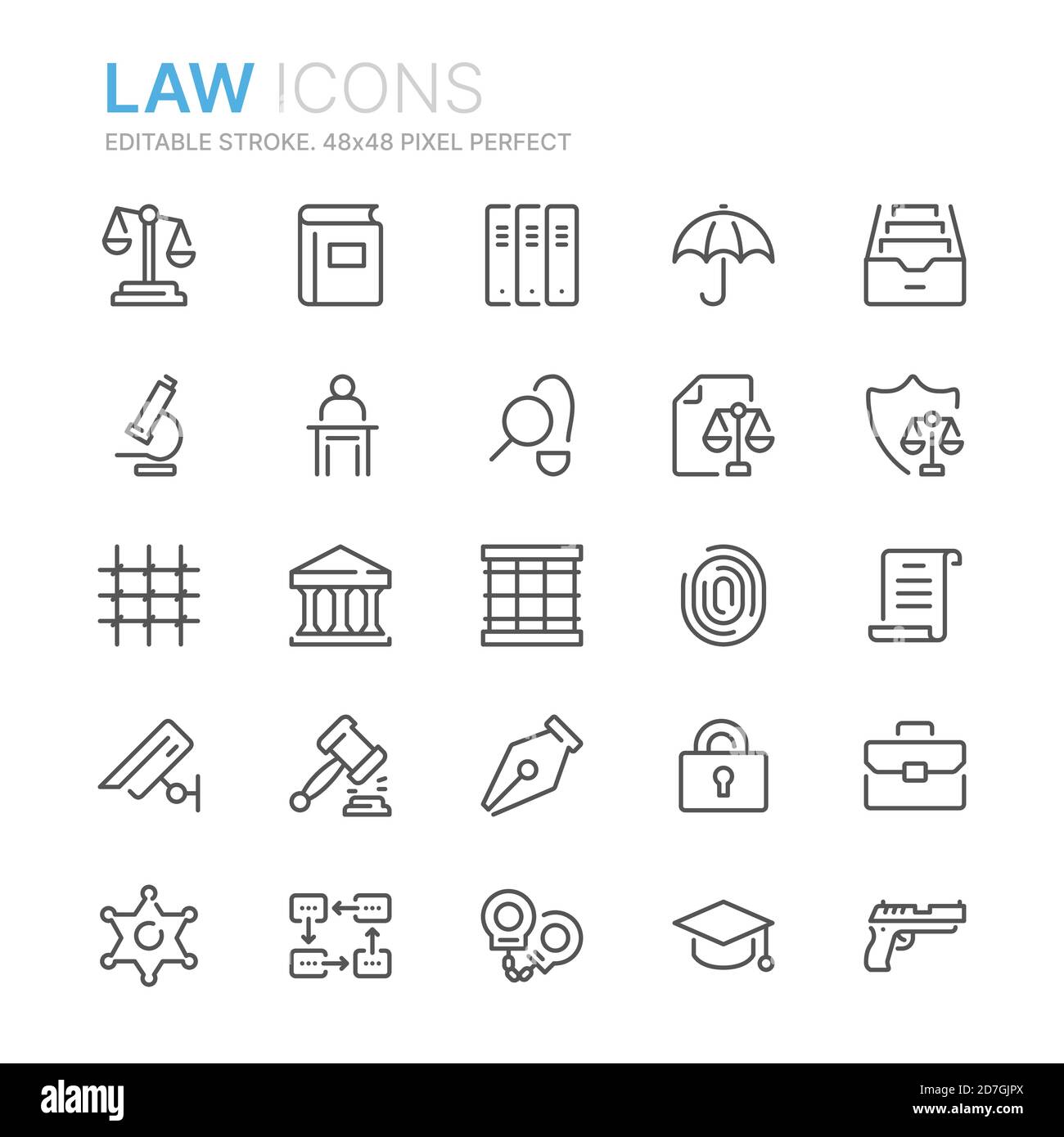 Collection of law and justice line icons. 48x48 Pixel Perfect. Editable stroke Stock Vector