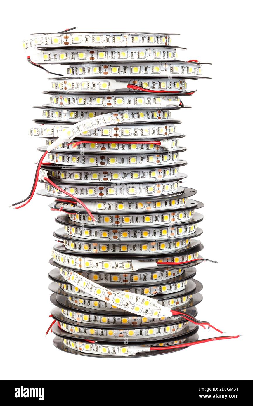 Reels with ribbons of LED lamps isolated on white background. Stock Photo