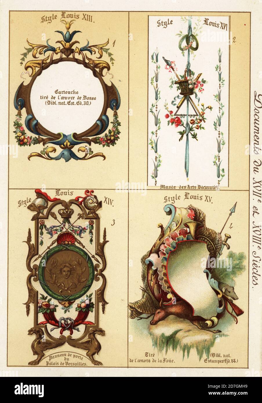 Decorative features from the eras of Louis XIII, Louis XIV, the Sun King, and Louis XVI. Cartouche by Abraham Bosse, panel from a door in Versailles Palace, painting by Jacques de la Joue. L’oeuvre de Bosse, panneau de porte du palais de Versailles, oeuvre de la Joue. Chromolithograph designed and lithographed by Ernst Guillot from Elements d'Ornementation du XVIIe, et XVIIIe Siecle, Elements of Ornament of the 17th and 18th century, Renouard, Paris, 1890. Stock Photo