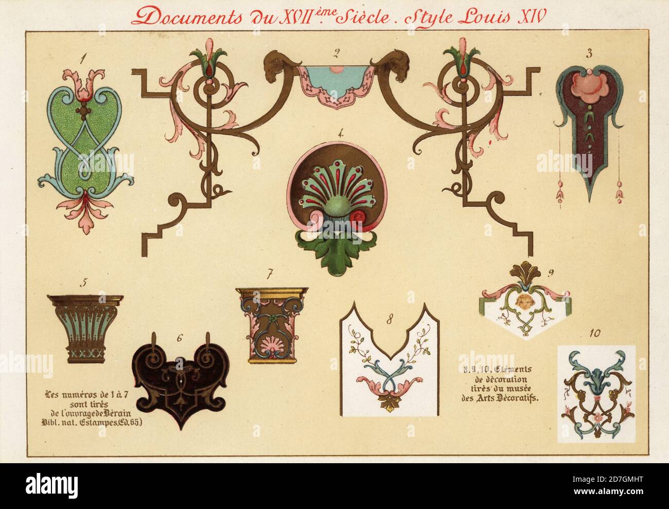 Design elements from the rococo era of King Louis XIV, the Sun King, 17th century. 1-7 after Jean Berain, 8-10 from the Museum of Decorative Arts. Chromolithograph designed and lithographed by Ernst Guillot from Elements d'Ornementation du XVIIme et XVIIIe Siecle, Elements of Ornament of the 17th and 18th century, Renouard, Paris, 1890. Stock Photo