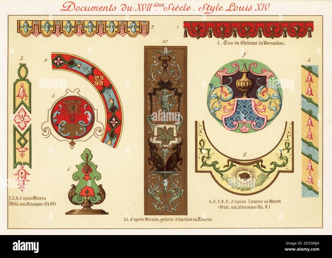 Design elements from the rococo era of King Louis XIV, the Sun King, 17th century. 1 from Versailles, 2-4, 10 after Jean Berain, 5-9 after works by Daniel Marot, Chromolithograph designed and lithographed by Ernst Guillot from Elements d'Ornementation du XVIIme et XVIIIe Siecle, Elements of Ornament of the 17th and 18th century, Renouard, Paris, 1890. Stock Photo