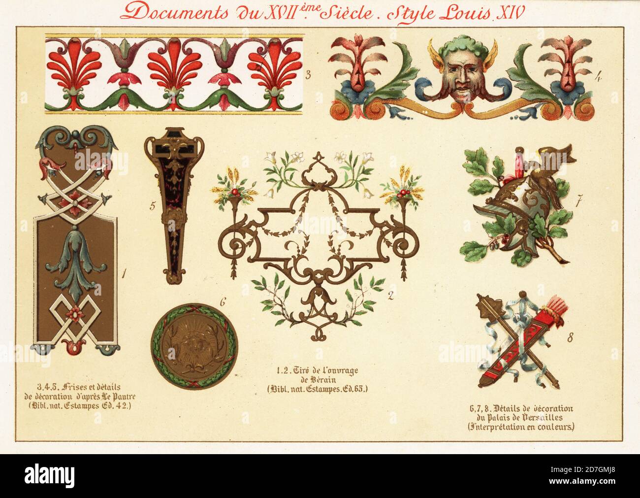Design elements from the rococo era of King Louis XIV, the Sun King, 17th century. 1,2 after Jean Berain, 3-5 friezes and decor after Jean le Pautre, 6-8 decoration from the Palace of Versailles. Chromolithograph designed and lithographed by Ernst Guillot from Elements d'Ornementation du XVIIme et XVIIIe Siecle, Elements of Ornament of the 17th and 18th century, Renouard, Paris, 1890. Stock Photo