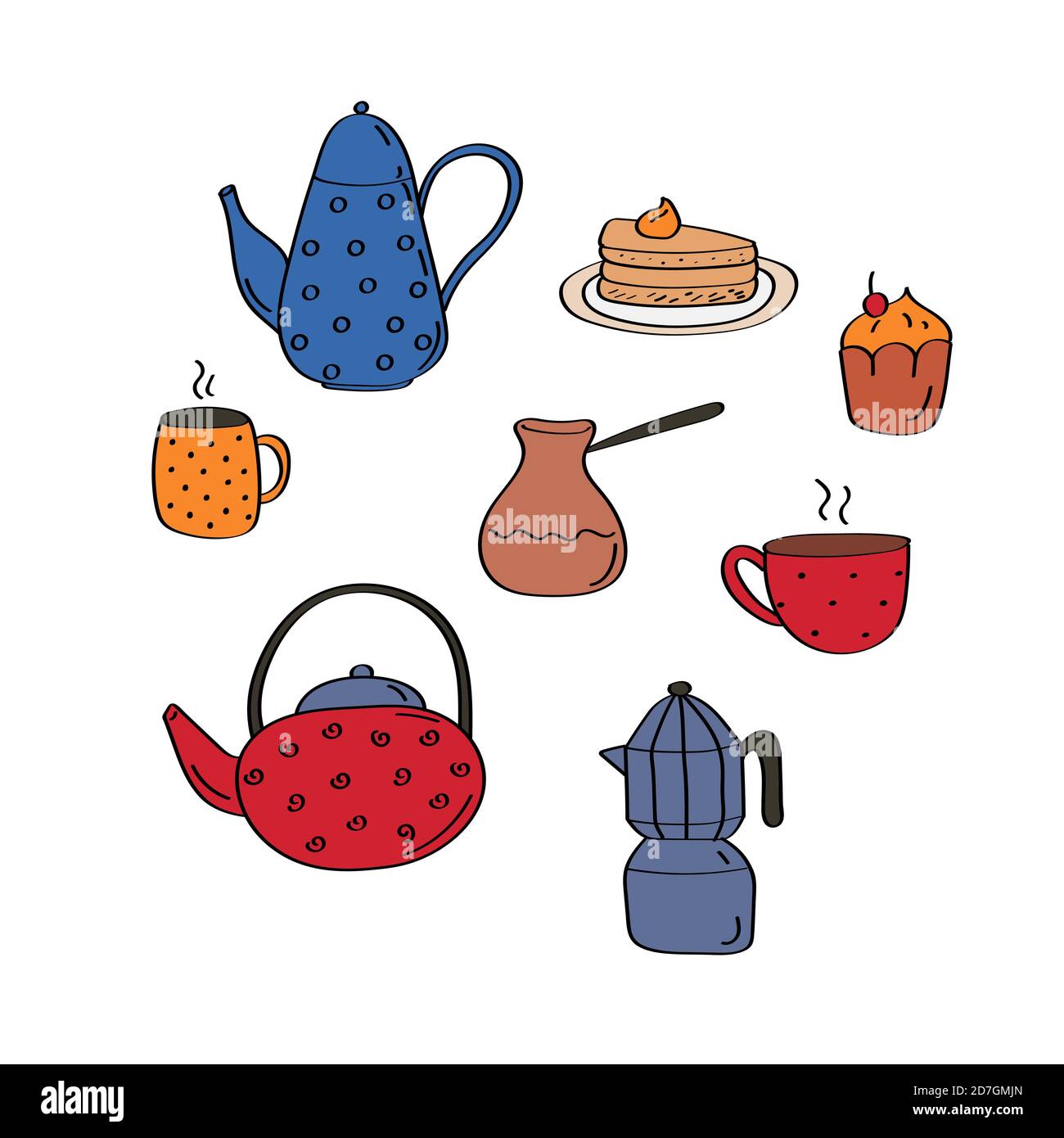 Teapot and cup collection. Tea time doodle elements. Flat vector illustration Stock Vector