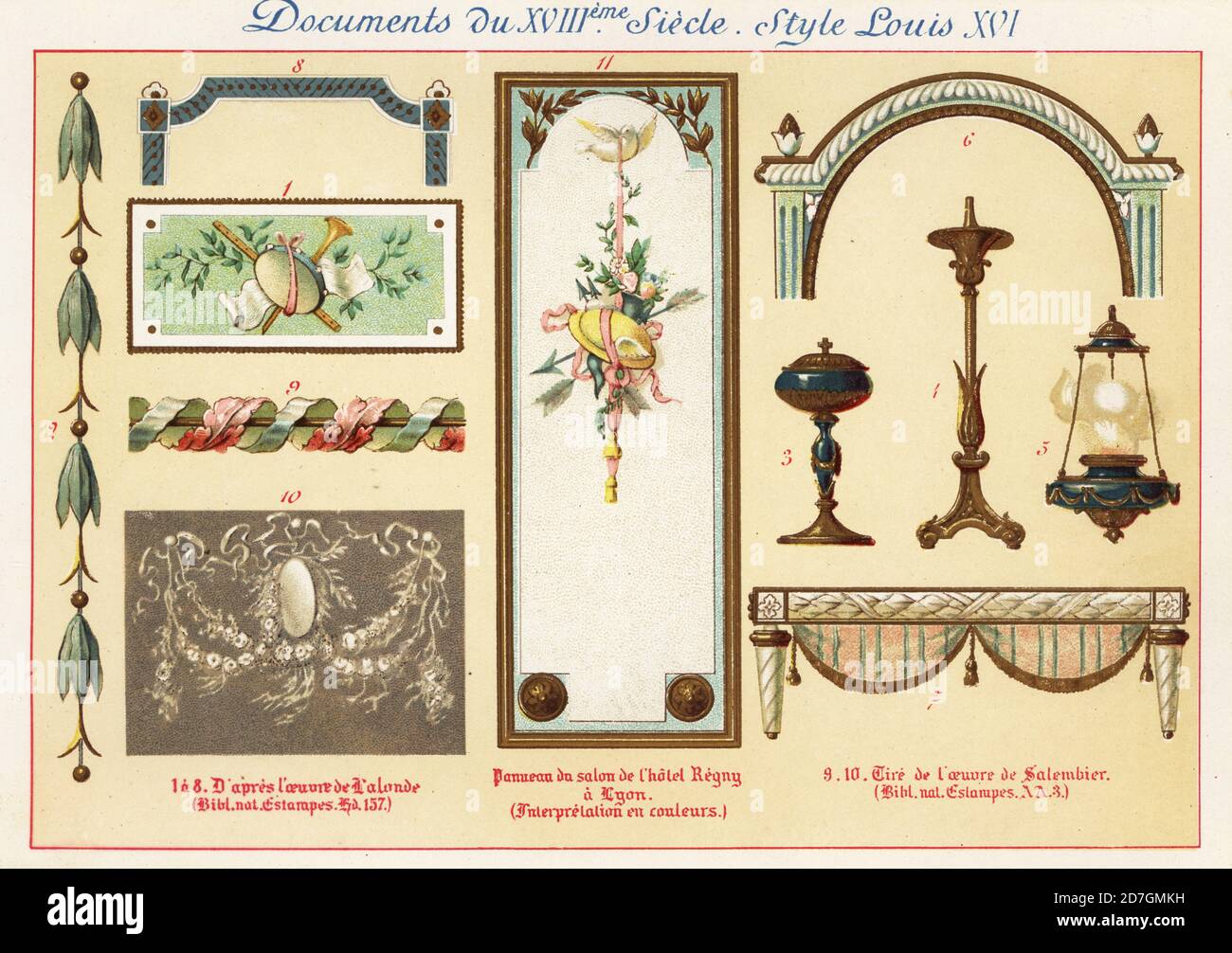 Design elements from the era of King Louis XVI, 18th century. 1,8 after Richard de Lalonde, 9,10 after Henri Salembier, panel from a room in Hotel Regny at Lyon. Chromolithograph designed and lithographed by Ernst Guillot from Elements d'Ornementation du XVIIIe Siecle, Elements of Ornament of the 18th century, Renouard, Paris, 1890. Stock Photo