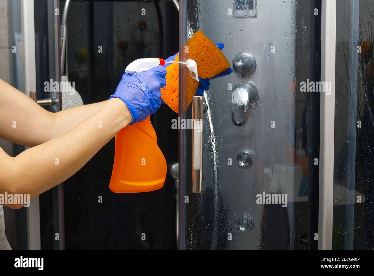 Cleaning of shower steam cabins from calcium deposits. Cleaning in the