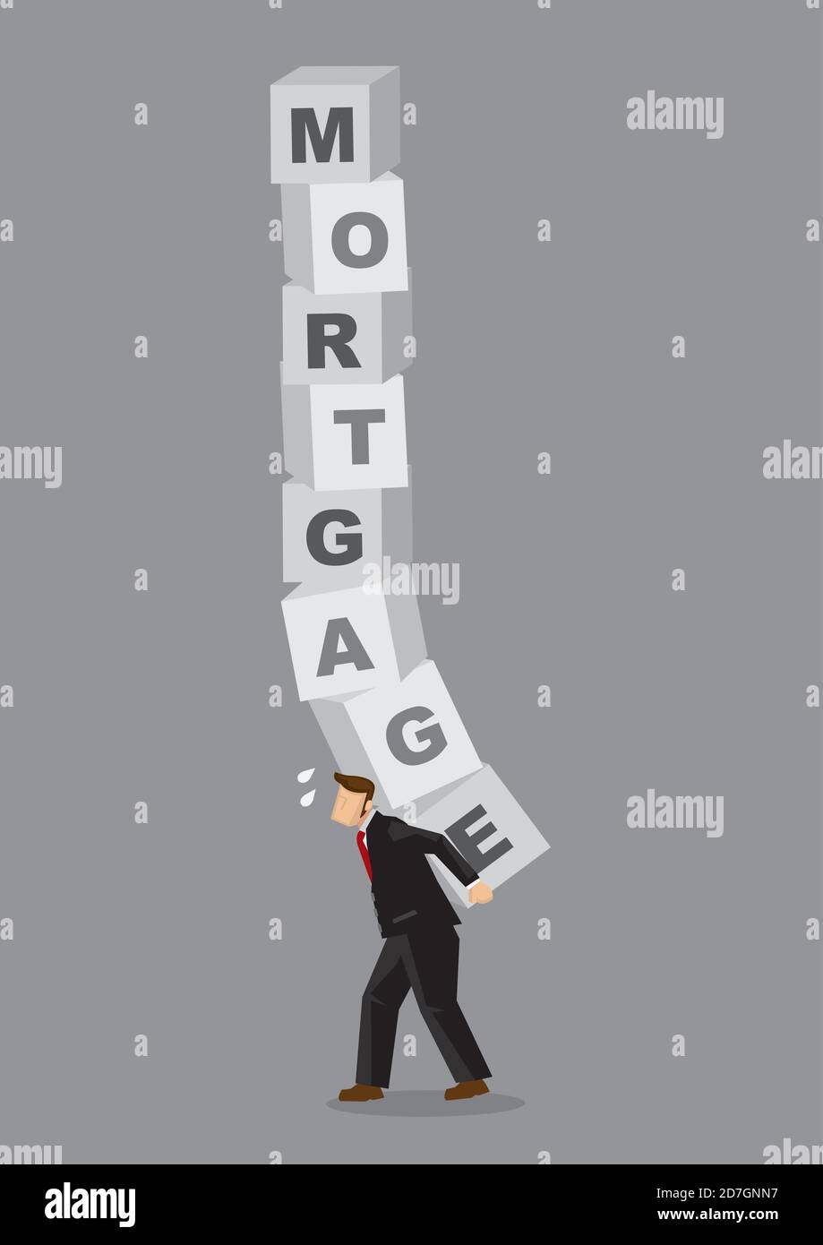 Cartoon businessman carrying heavy blocks that read Mortgage on his back. Creative cartoon vector illustration on metaphor for heavy burden of mortgag Stock Vector