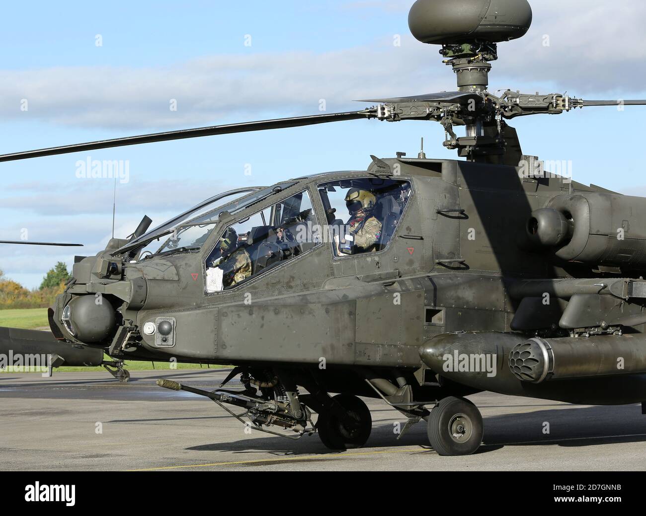 Army Air Corps AH-64 Apache helicopter in to Gloucester Staverton for re-fuelling. Stock Photo