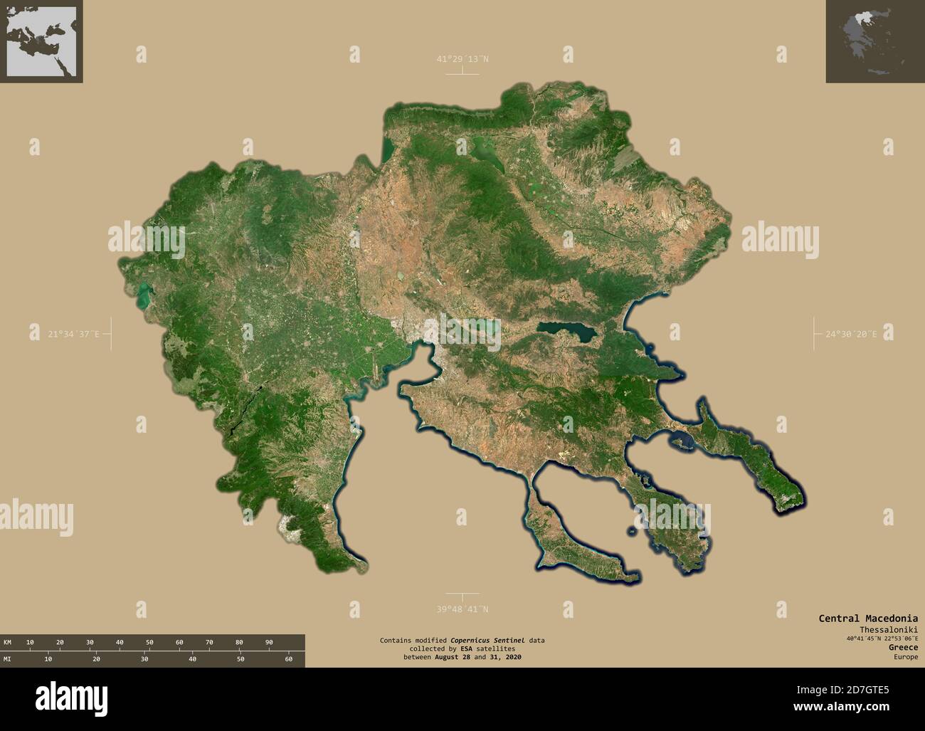 Central Macedonia, decentralized administration of Greece. Sentinel-2 satellite imagery. Shape isolated on solid background with informative overlays. Stock Photo