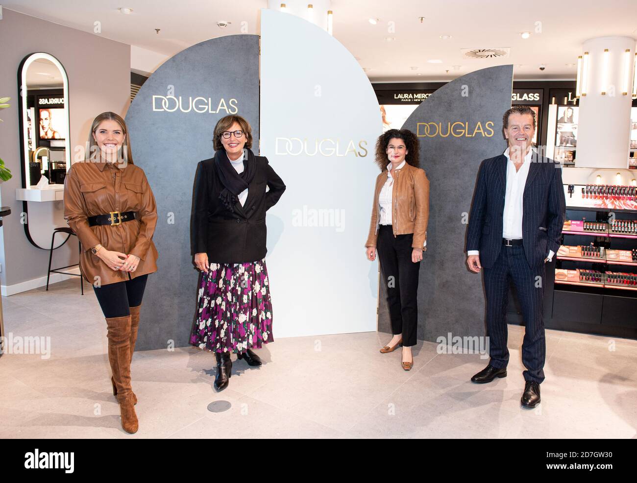 Hamburg, Germany. 22nd Oct, 2020. Victoria Swarovski (l-r), Austrian singer  and presenter, Nicole Nitschke, Managing Director for Douglas in Germany  and Switzerland, Tina Müller, President and CEO of the Douglas perfumery,  and