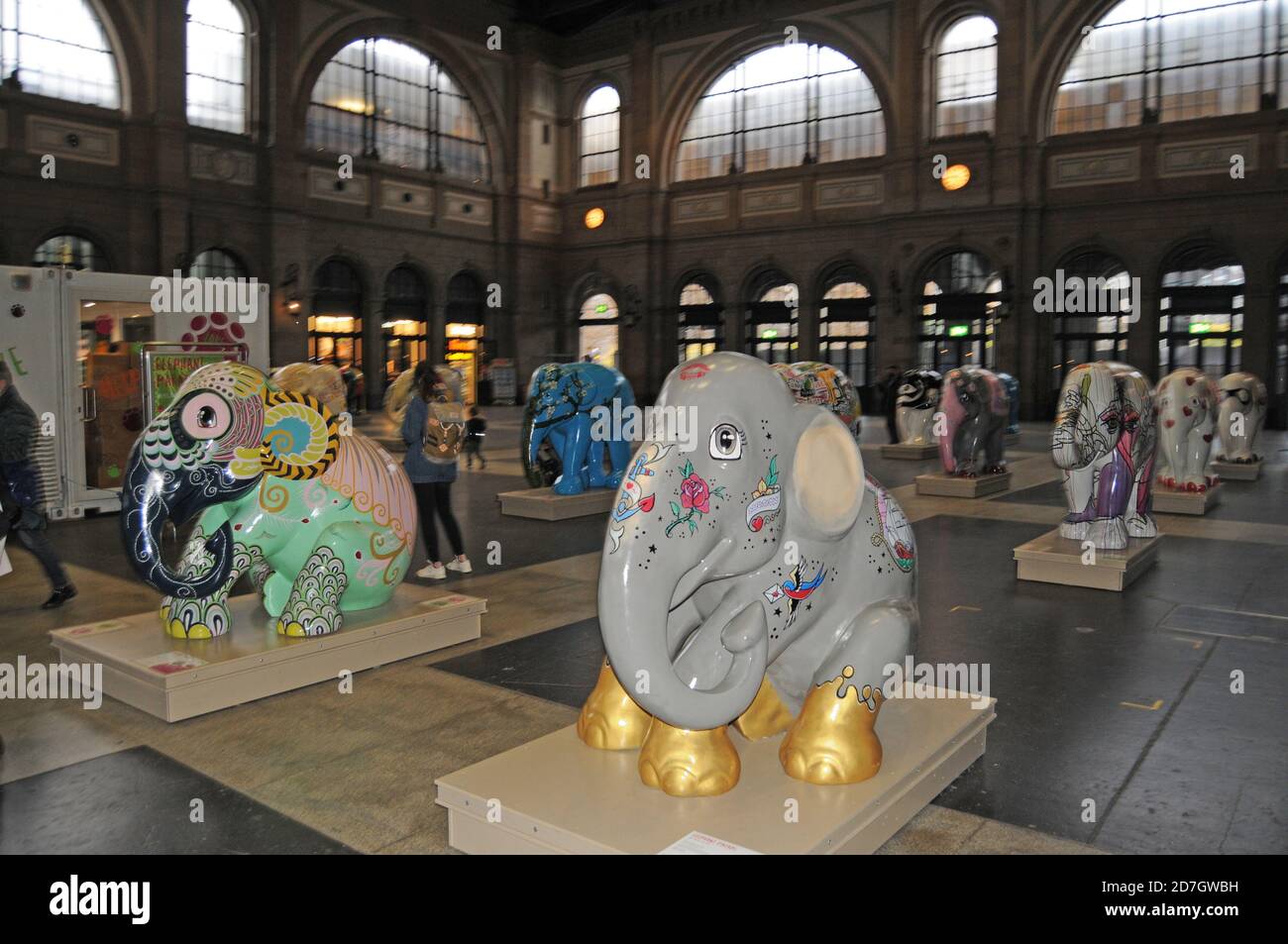 The «Elephant Parade Swiss Tour 2020» has been initiated by Claudia & Franco Knie from the Swiss National Circus and shown in London, Amsterdam, Calai Stock Photo