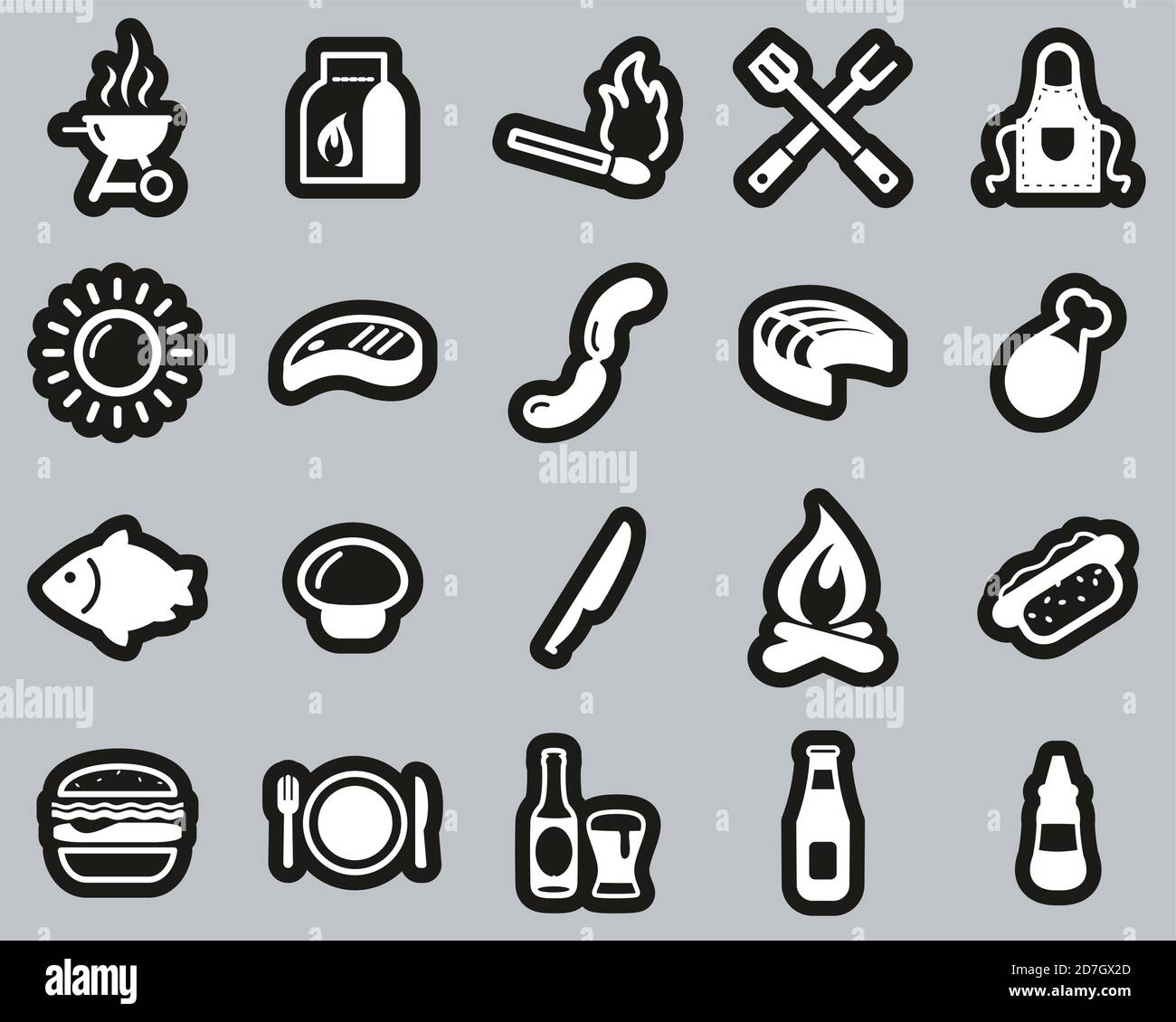 Grill Or Barbecue Icons White On Black Sticker Set Big Stock Vector Image &  Art - Alamy