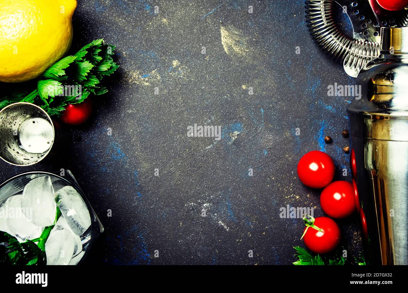 Ingredients for alcoholic cocktail with tomato and lemon juice, tabasco